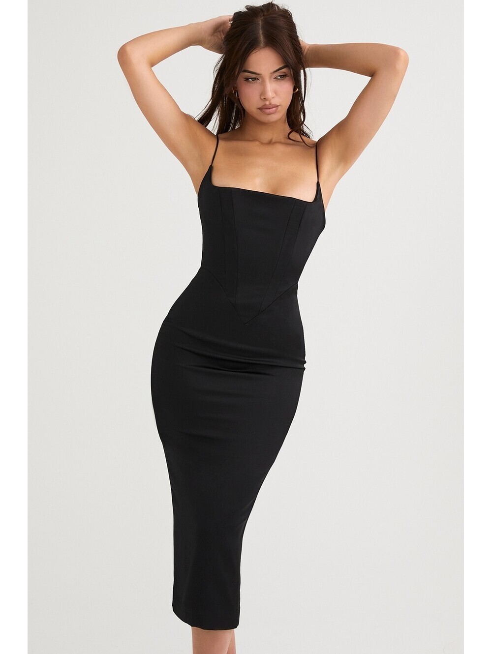 HOUSE OF CB Anais Black Satin Corset Midi Dress Sz L Excellent Condition #905